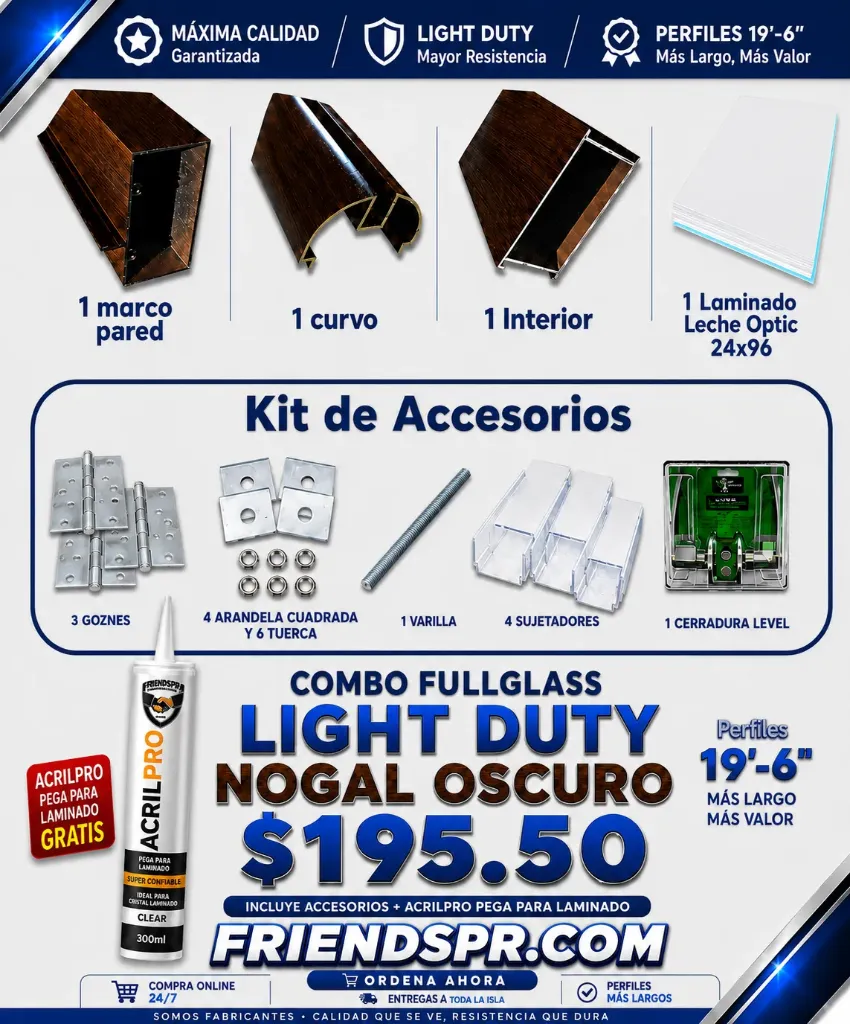 PRE-VENTA, Llega 12 Julio-Combo FullGlass Light Duty NOGAL OSCURO, con Laminado Leche Optic 24x96