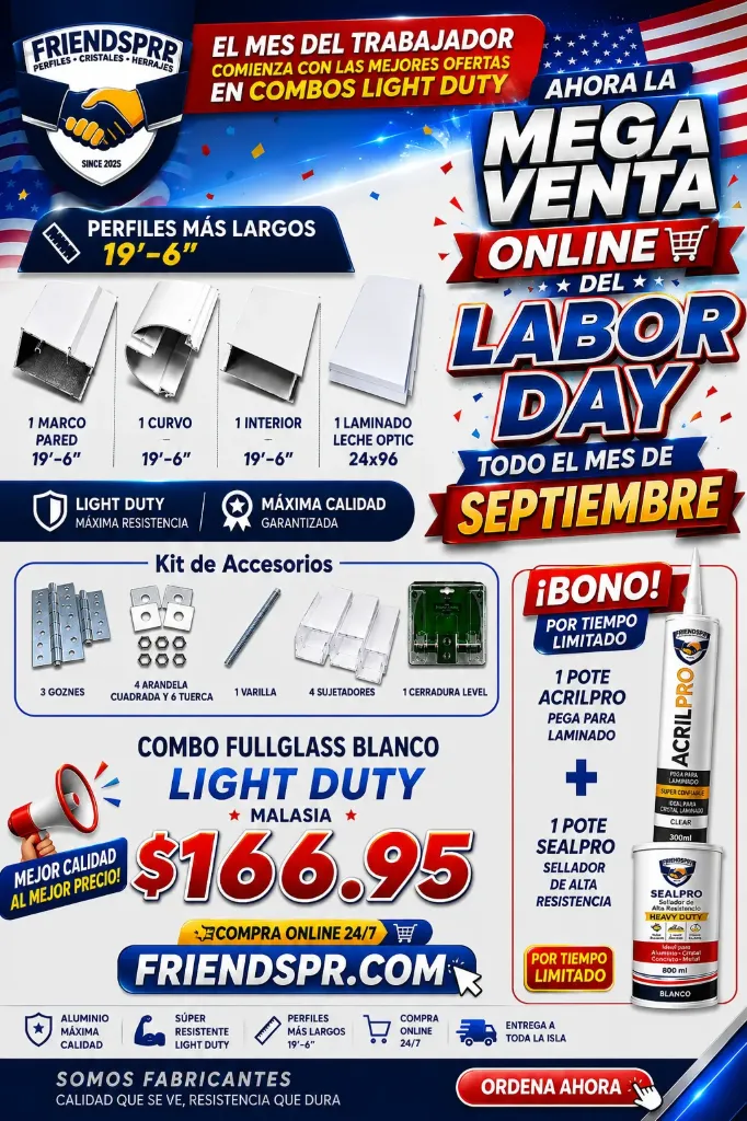 (LABOR DAY) LD BLANCO-Combo Fullglass LIGHT DUTY con Accesorios y Laminado Leche